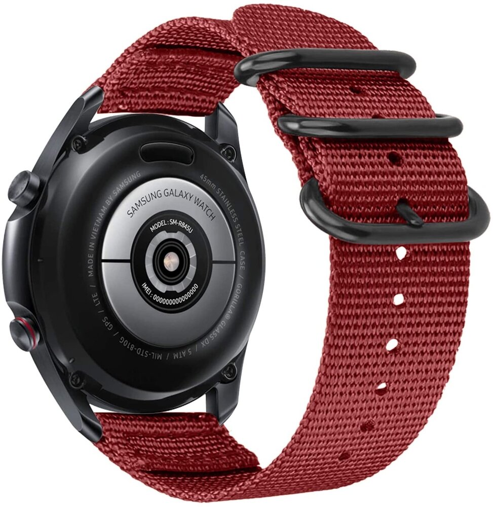 Strap-it Strap-it Bandje geschikt voor Samsung Galaxy Watch 5 (40mm / 44mm / Pro) bandje nylon gesp band (rood)  - Incl. Oplader geschikt voor Samsung Galaxy Watch 5 40 mm / 44 mm / Pro (oplaadkabel)