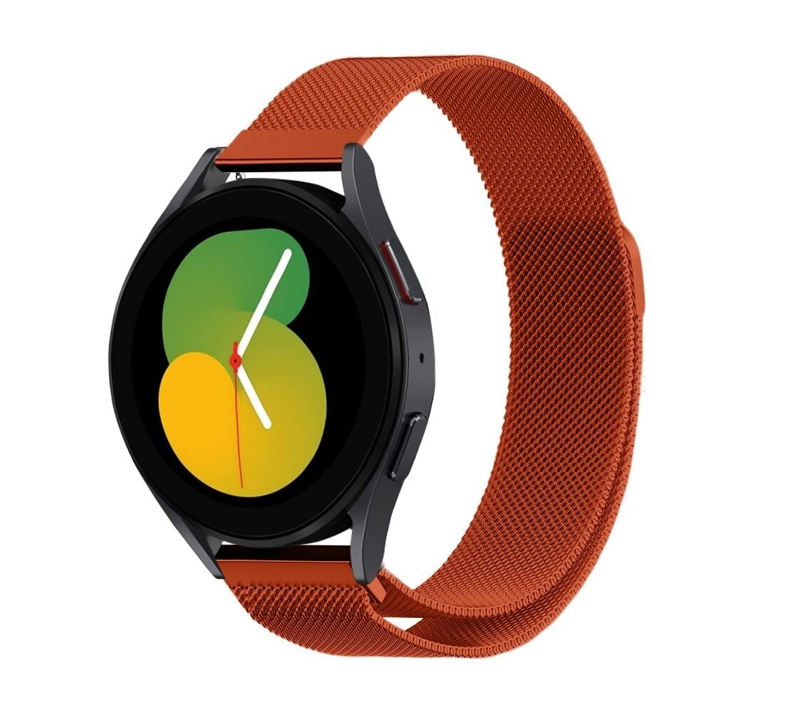 Strap-it Strap-it Bandje geschikt voor Samsung Galaxy Watch 5 (40mm / 44mm / Pro) bandje Milanese band roestvrij staal - RVS - Milanees - Metalen bandje vervanging - Metaal - (oranje) - Incl. Oplader geschikt voor Samsung Galaxy Watch 5 40 mm / 44 mm / Pro