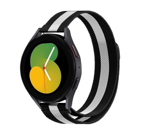 Strap-it Strap-it Bandje geschikt voor Samsung Galaxy Watch 5 (40mm / 44mm / Pro) bandje Milanese band roestvrij staal - RVS - Milanees - Metalen bandje vervanging - Metaal - (zwart/wit) - Incl. Oplader geschikt voor Samsung Galaxy Watch 5 40 mm / 44 mm / Pro