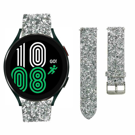 Strap-it Strap-it Bandje geschikt voor Samsung Galaxy Watch 5 (40mm / 44mm / Pro) bandje leren glitter bandje (zilver) - Incl. Oplader geschikt voor Samsung Galaxy Watch 5 40 mm / 44 mm / Pro (oplaadkabel)