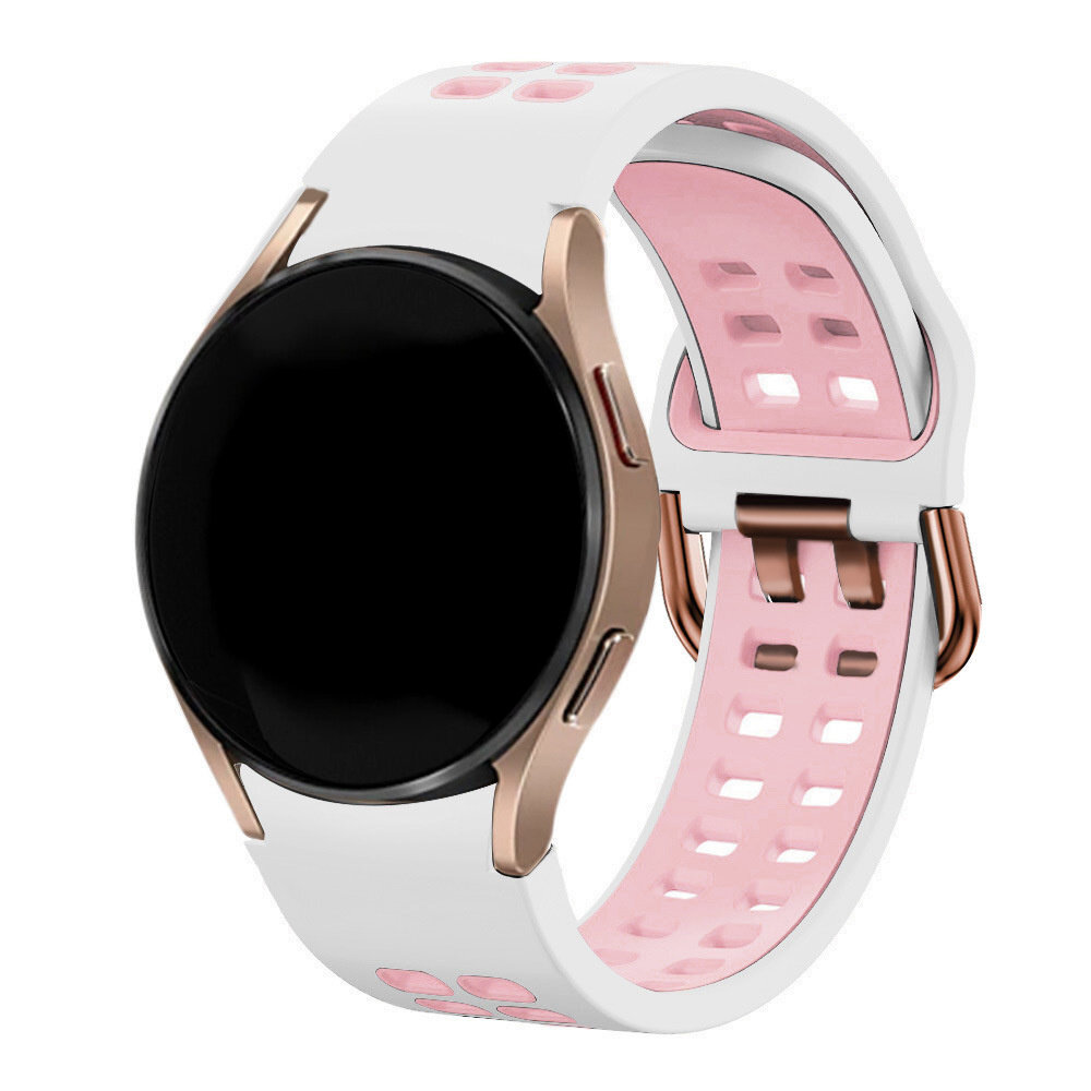 Strap-it Strap-it Bandje geschikt voor Samsung Galaxy Watch 5 (40mm / 44mm / Pro) sport square bandje (wit/roze) - Incl. Oplader geschikt voor Samsung Galaxy Watch 5 40 mm / 44 mm / Pro (oplaadkabel)