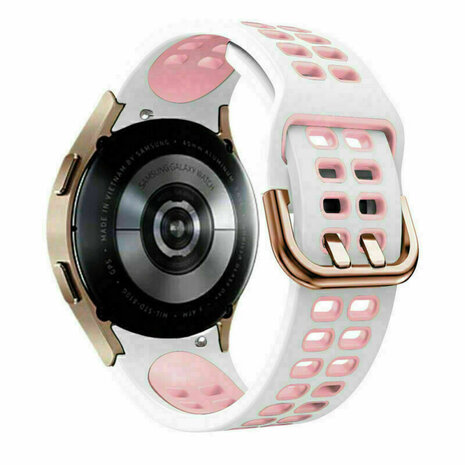 Strap-it Strap-it Bandje geschikt voor Samsung Galaxy Watch 5 (40mm / 44mm / Pro) sport square bandje (wit/roze) - Incl. Oplader geschikt voor Samsung Galaxy Watch 5 40 mm / 44 mm / Pro (oplaadkabel)