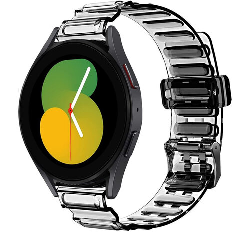 Strap-it Strap-it Bandje geschikt voor Samsung Galaxy Watch 5 (40mm / 44mm / Pro) crystal bandje (transparant zwart) - Incl. Oplader geschikt voor Samsung Galaxy Watch 5 40 mm / 44 mm / Pro (oplaadkabel)