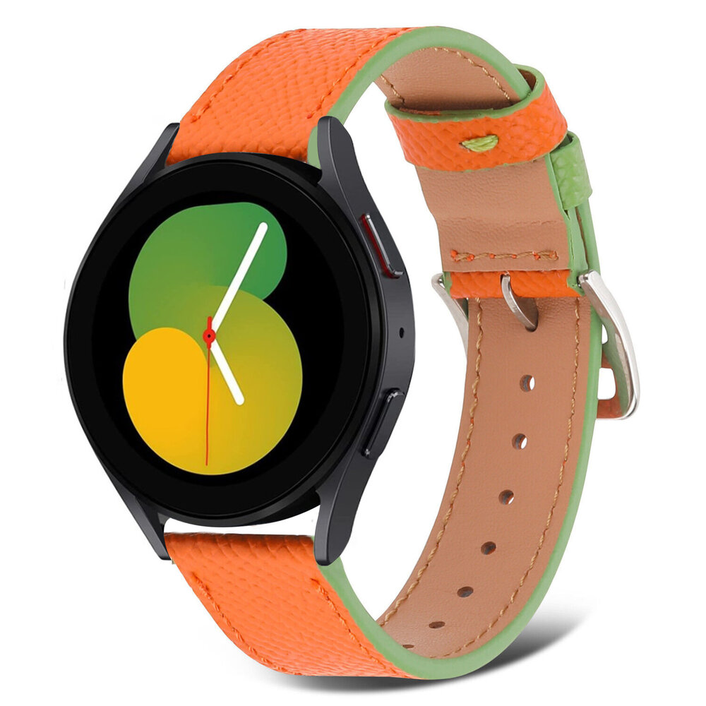 Strap-it Strap-it Bandje geschikt voor Samsung Galaxy Watch 5 (40mm / 44mm / Pro) leren bandje (oranje-groen) - Incl. Oplader geschikt voor Samsung Galaxy Watch 5 40 mm / 44 mm / Pro (oplaadkabel)
