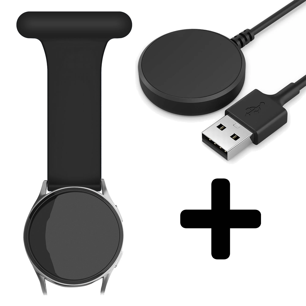 Strap-it Strap-it Bandje geschikt voor Samsung Galaxy Watch 5 (40mm / 44mm / Pro) verpleegkundige band (zwart) - Incl. Oplader geschikt voor Samsung Galaxy Watch 5 40 mm / 44 mm / Pro (oplaadkabel)