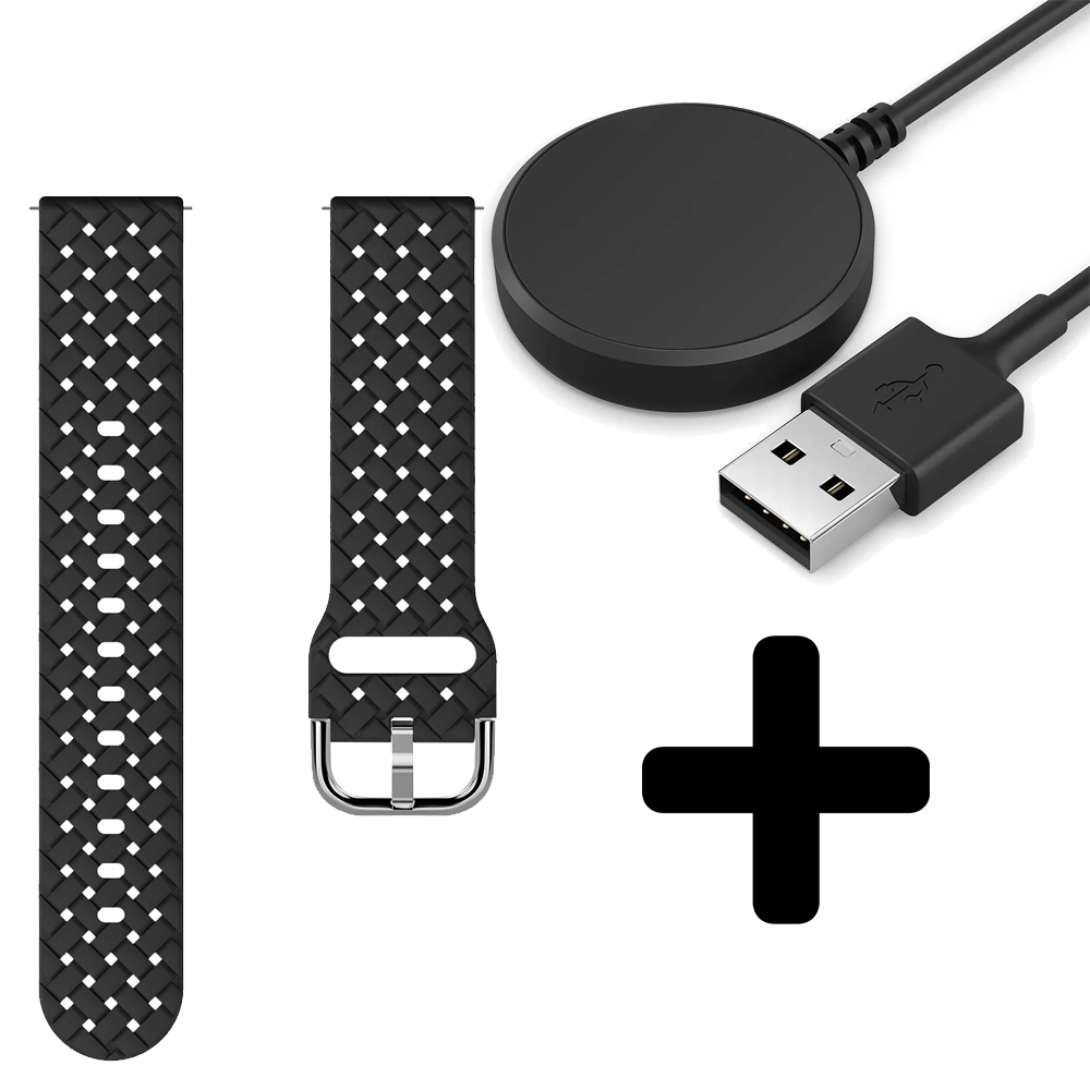 Strap-it Strap-it Bandje geschikt voor Samsung Galaxy Watch 5 (40mm / 44mm / Pro) gevlochten siliconen bandje (zwart) - Incl. Oplader geschikt voor Samsung Galaxy Watch 5 40 mm / 44 mm / Pro (oplaadkabel)