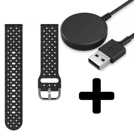 Strap-it Strap-it Bandje geschikt voor Samsung Galaxy Watch 5 (40mm / 44mm / Pro) gevlochten siliconen bandje (zwart) - Incl. Oplader geschikt voor Samsung Galaxy Watch 5 40 mm / 44 mm / Pro (oplaadkabel)