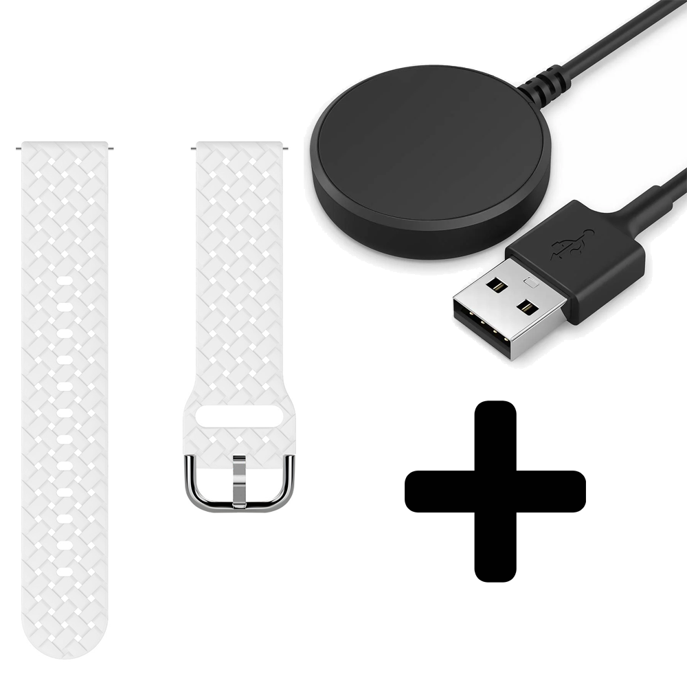 Strap-it Strap-it Bandje geschikt voor Samsung Galaxy Watch 5 (40mm / 44mm / Pro) gevlochten siliconen bandje (wit) - Incl. Oplader geschikt voor Samsung Galaxy Watch 5 40 mm / 44 mm / Pro (oplaadkabel)