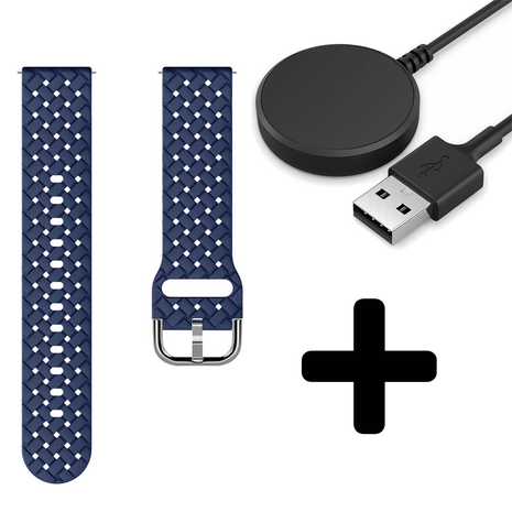 Strap-it Strap-it Bandje geschikt voor Samsung Galaxy Watch 5 (40mm / 44mm / Pro) gevlochten siliconen bandje (donkerblauw) - Incl. Oplader geschikt voor Samsung Galaxy Watch 5 40 mm / 44 mm / Pro (oplaadkabel)