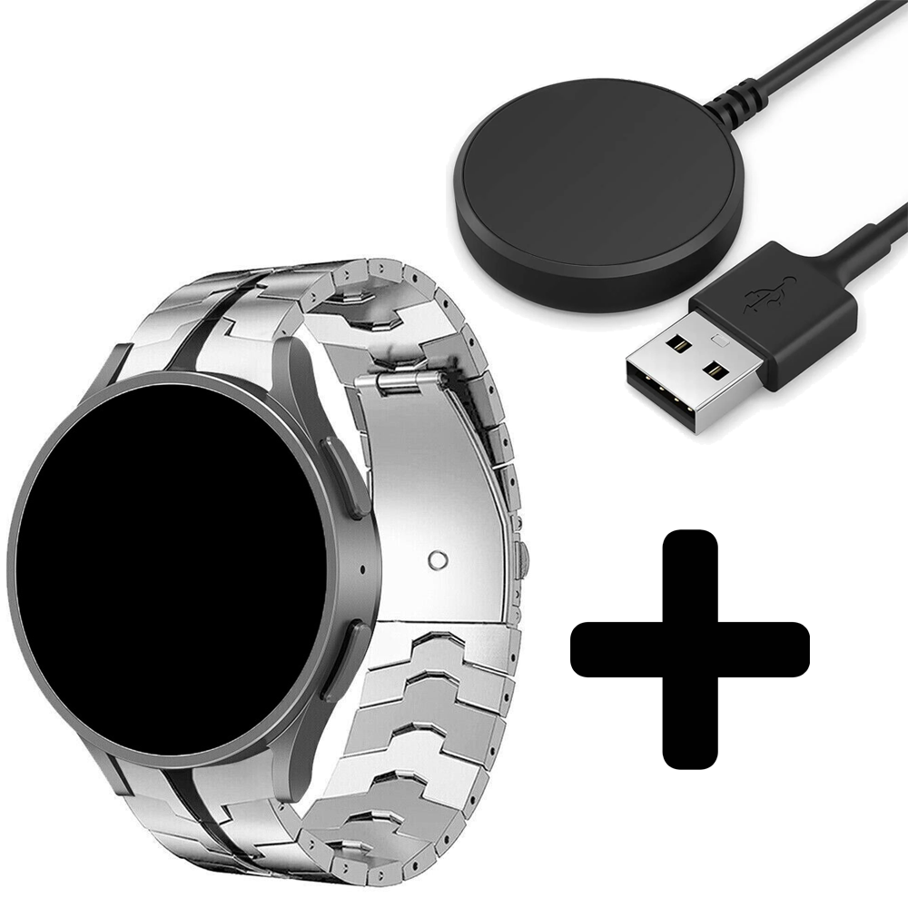 Strap-it Strap-it Bandje geschikt voor Samsung Galaxy Watch 5 (40mm / 44mm / Pro) steel iron band (zilver/zwart) - Incl. Oplader geschikt voor Samsung Galaxy Watch 5 40 mm / 44 mm / Pro (oplaadkabel)