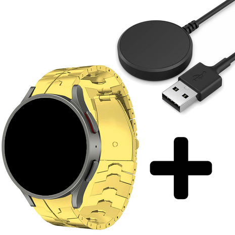 Strap-it Strap-it Bandje geschikt voor Samsung Galaxy Watch 5 (40mm / 44mm / Pro) steel iron band (goud) - Incl. Oplader geschikt voor Samsung Galaxy Watch 5 40 mm / 44 mm / Pro (oplaadkabel)