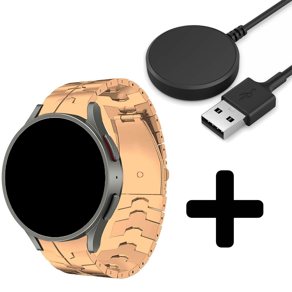 Strap-it Strap-it Bandje geschikt voor Samsung Galaxy Watch 5 (40mm / 44mm / Pro) steel iron band (rosé goud) - Incl. Oplader geschikt voor Samsung Galaxy Watch 5 40 mm / 44 mm / Pro (oplaadkabel)