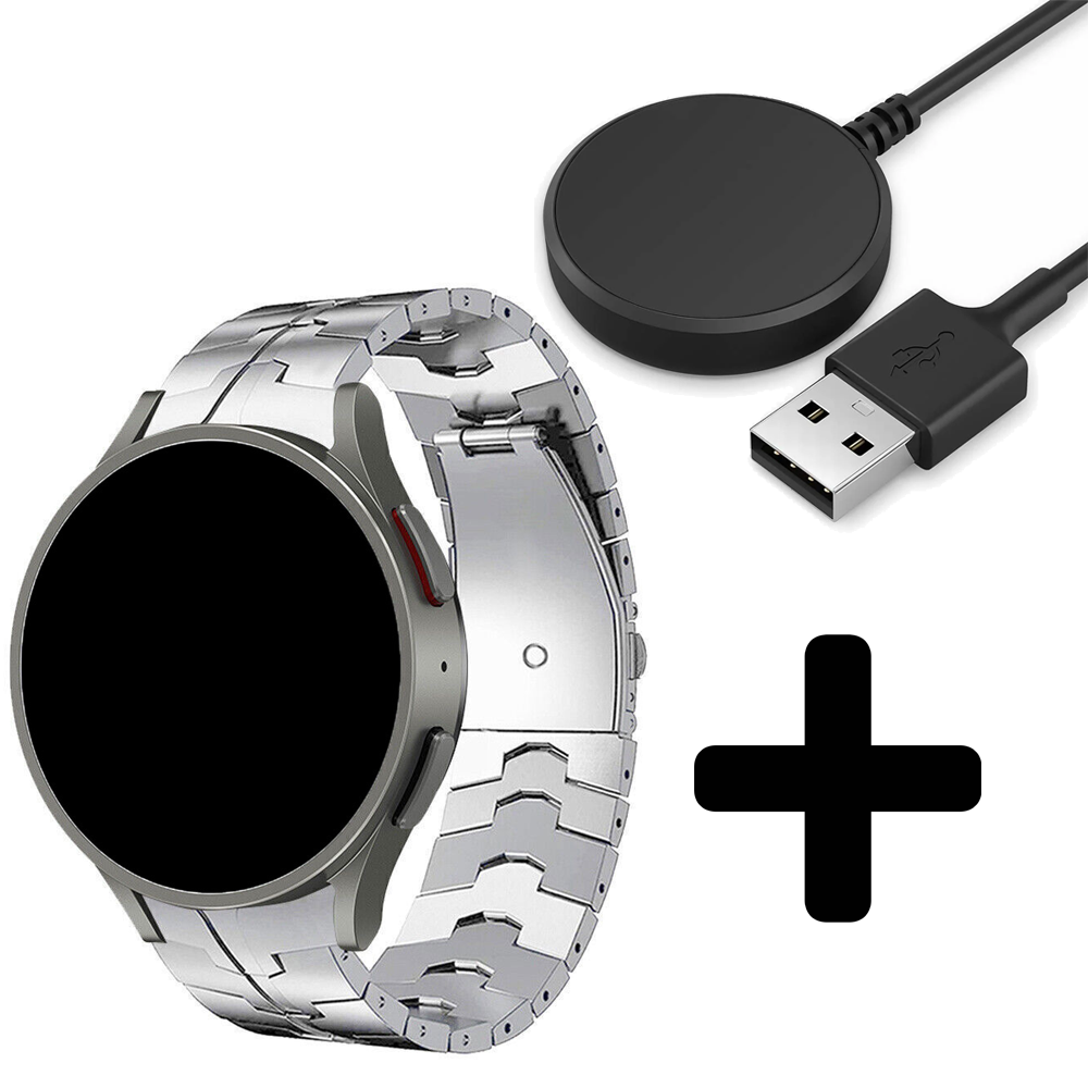 Strap-it Strap-it Bandje geschikt voor Samsung Galaxy Watch 5 (40mm / 44mm / Pro) steel iron band (zilver) - Incl. Oplader geschikt voor Samsung Galaxy Watch 5 40 mm / 44 mm / Pro (oplaadkabel)