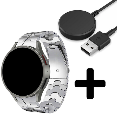 Strap-it Strap-it Bandje geschikt voor Samsung Galaxy Watch 5 (40mm / 44mm / Pro) steel iron band (zilver) - Incl. Oplader geschikt voor Samsung Galaxy Watch 5 40 mm / 44 mm / Pro (oplaadkabel)