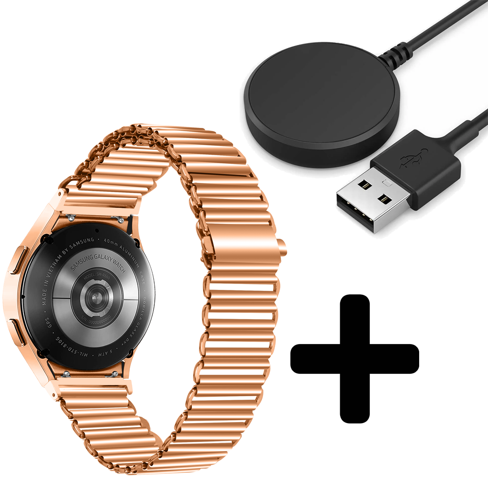 Strap-it Strap-it Bandje geschikt voor Samsung Galaxy Watch 5 (40mm / 44mm / Pro) bandje stalen loop bandje (rosé goud) - Incl. Oplader geschikt voor Samsung Galaxy Watch 5 40 mm / 44 mm / Pro (oplaadkabel)