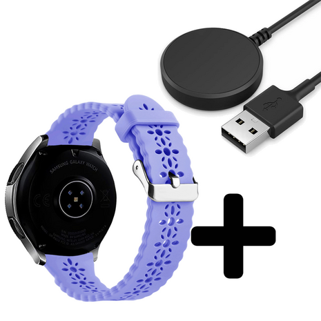 Strap-it Strap-it Bandje geschikt voor Samsung Galaxy Watch 5 (40mm / 44mm / Pro) siliconen bandje met patroon (lila) - Incl. Oplader geschikt voor Samsung Galaxy Watch 5 40 mm / 44 mm / Pro (oplaadkabel)