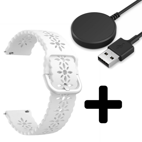 Strap-it Strap-it Bandje geschikt voor Samsung Galaxy Watch 5 (40mm / 44mm / Pro) siliconen bandje met patroon (wit) - Incl. Oplader geschikt voor Samsung Galaxy Watch 5 40 mm / 44 mm / Pro (oplaadkabel)