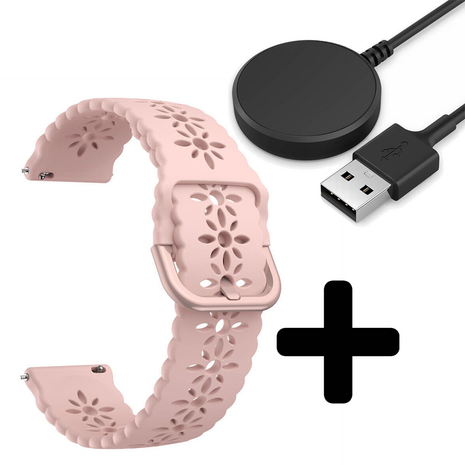 Strap-it Strap-it Bandje geschikt voor Samsung Galaxy Watch 5 (40mm / 44mm / Pro) siliconen bandje met patroon (roze) - Incl. Oplader geschikt voor Samsung Galaxy Watch 5 40 mm / 44 mm / Pro (oplaadkabel)