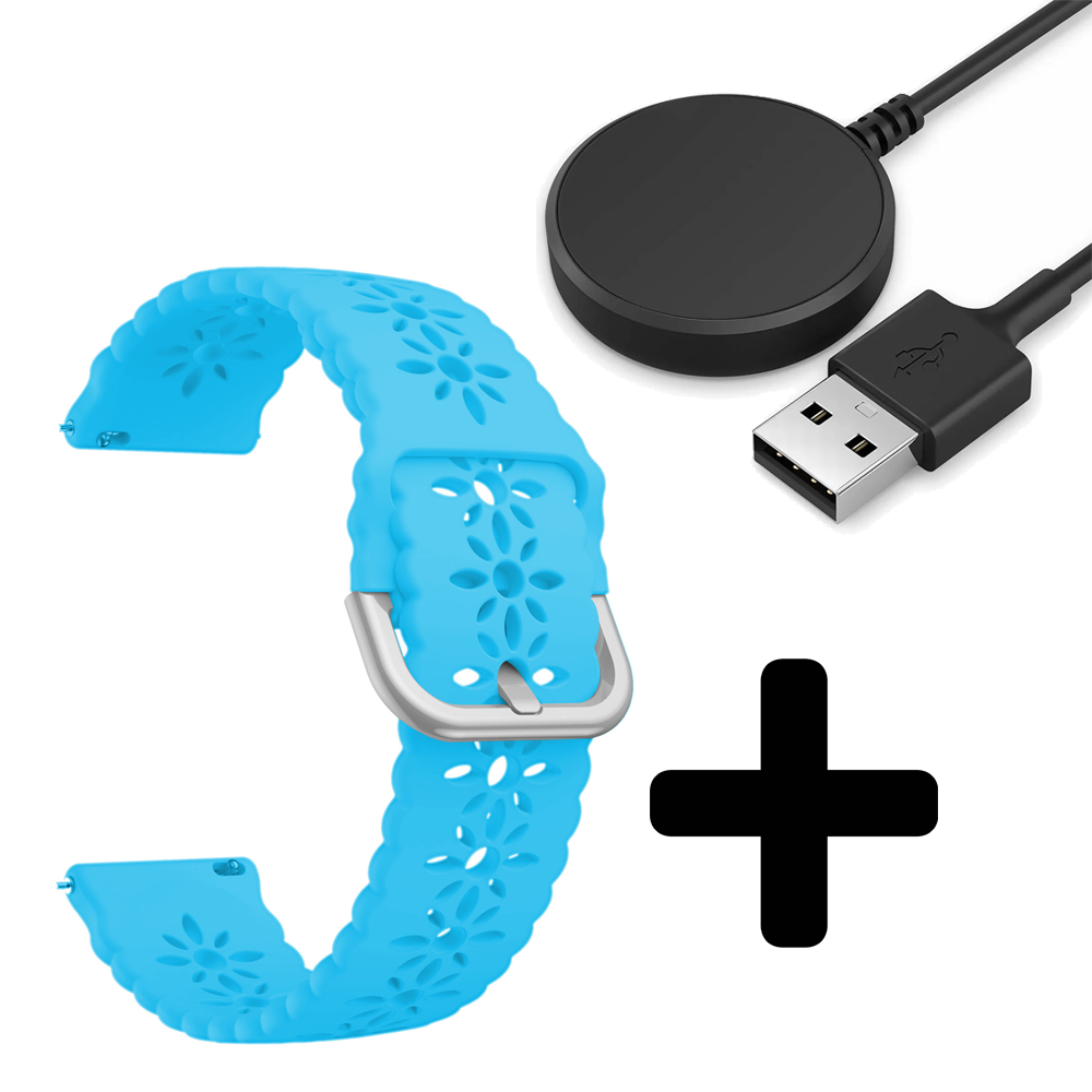 Strap-it Strap-it Bandje geschikt voor Samsung Galaxy Watch 5 (40mm / 44mm / Pro) siliconen bandje met patroon (lichtblauw) - Incl. Oplader geschikt voor Samsung Galaxy Watch 5 40 mm / 44 mm / Pro (oplaadkabel)