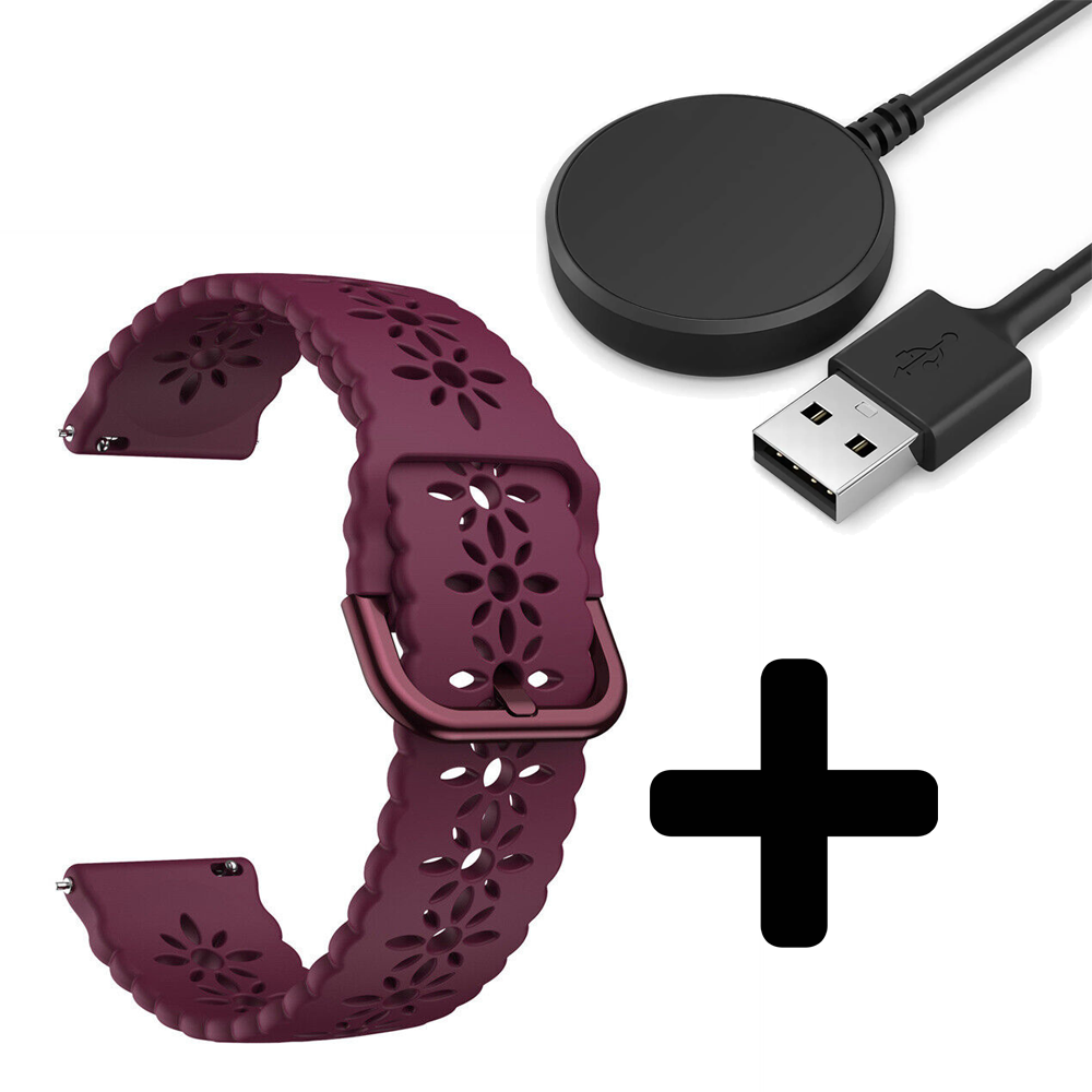 Strap-it Strap-it Bandje geschikt voor Samsung Galaxy Watch 5 (40mm / 44mm / Pro) siliconen bandje met patroon (Bordeaux) - Incl. Oplader geschikt voor Samsung Galaxy Watch 5 40 mm / 44 mm / Pro (oplaadkabel)