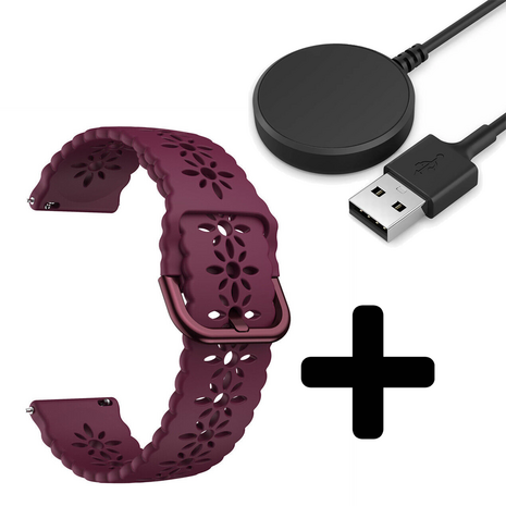 Strap-it Strap-it Bandje geschikt voor Samsung Galaxy Watch 5 (40mm / 44mm / Pro) siliconen bandje met patroon (Bordeaux) - Incl. Oplader geschikt voor Samsung Galaxy Watch 5 40 mm / 44 mm / Pro (oplaadkabel)
