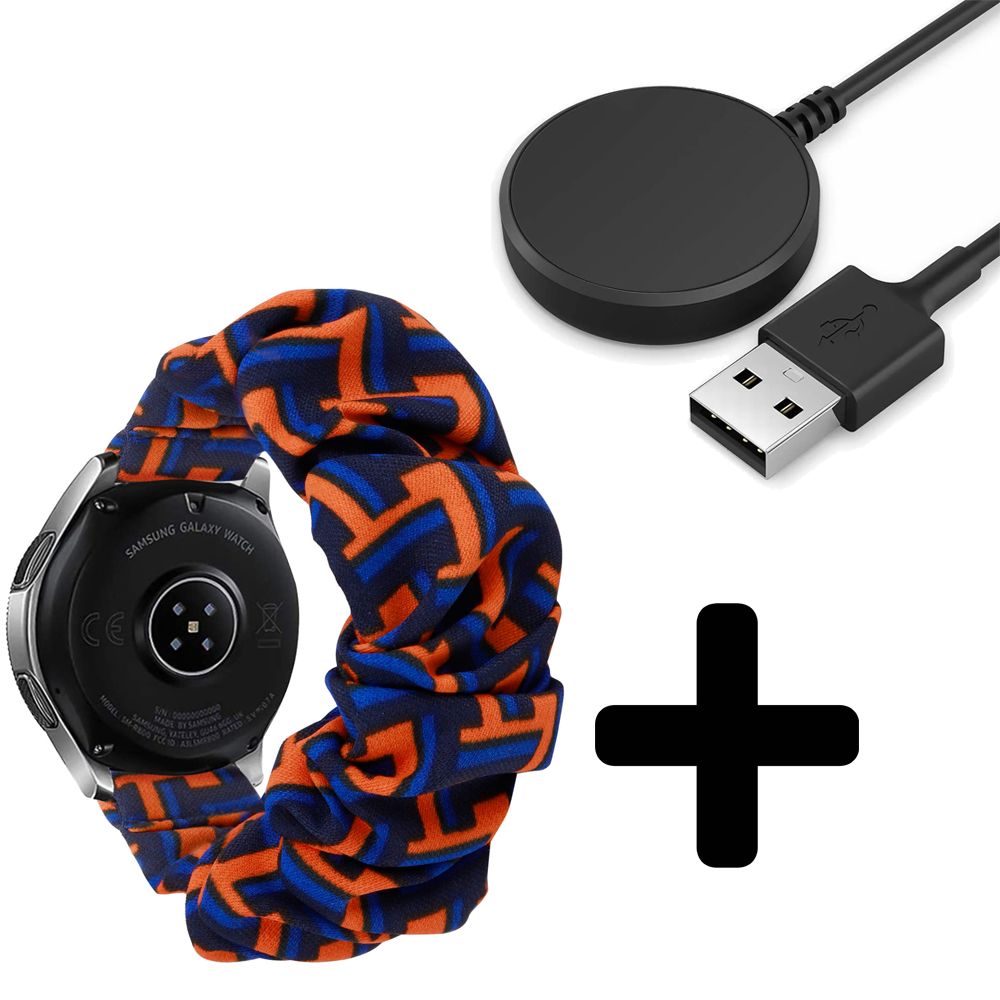 Strap-it Strap-it Bandje geschikt voor Samsung Galaxy Watch 5 (40mm / 44mm / Pro) scrunchie bandje (zwart/oranje/blauw) - Incl. Oplader geschikt voor Samsung Galaxy Watch 5 40 mm / 44 mm / Pro (oplaadkabel)