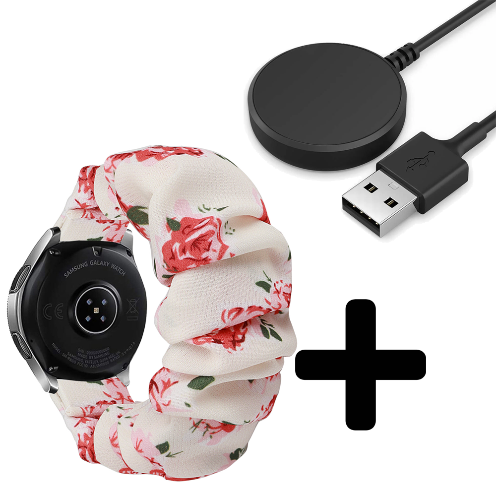 Strap-it Strap-it Bandje geschikt voor Samsung Galaxy Watch 5 (40mm / 44mm / Pro) scrunchie bandje (bloemen) - Incl. Oplader geschikt voor Samsung Galaxy Watch 5 40 mm / 44 mm / Pro (oplaadkabel)