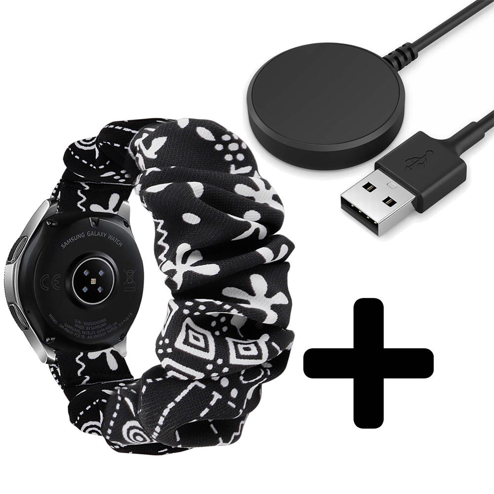 Strap-it Strap-it Bandje geschikt voor Samsung Galaxy Watch 5 (40mm / 44mm / Pro) scrunchie bandje (zwart mix) - Incl. Oplader geschikt voor Samsung Galaxy Watch 5 40 mm / 44 mm / Pro (oplaadkabel)
