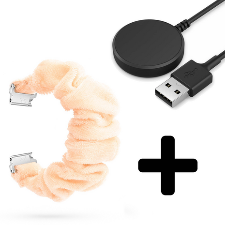 Strap-it Strap-it Bandje geschikt voor Samsung Galaxy Watch 5 (40mm / 44mm / Pro) bandje Scrunchie bandje (beige) - Incl. Oplader geschikt voor Samsung Galaxy Watch 5 40 mm / 44 mm / Pro (oplaadkabel)