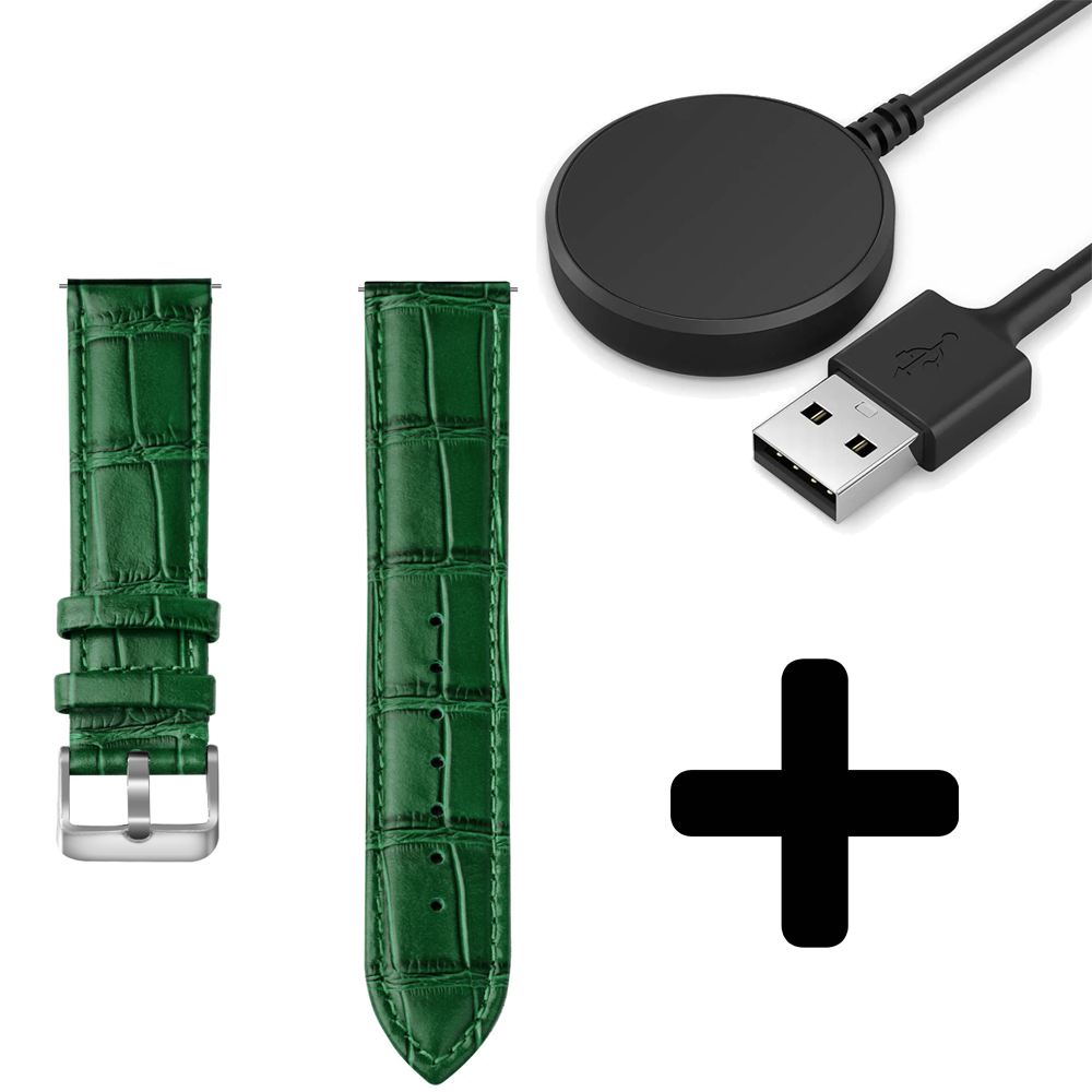 Strap-it Strap-it Bandje geschikt voor Samsung Galaxy Watch 5 (40mm / 44mm / Pro) leather crocodile grain band (groen) - Incl. Oplader geschikt voor Samsung Galaxy Watch 5 40 mm / 44 mm / Pro (oplaadkabel)