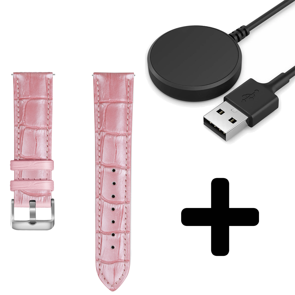 Strap-it Strap-it Bandje geschikt voor Samsung Galaxy Watch 5 (40mm / 44mm / Pro) leather crocodile grain band (roze) - Incl. Oplader geschikt voor Samsung Galaxy Watch 5 40 mm / 44 mm / Pro (oplaadkabel)