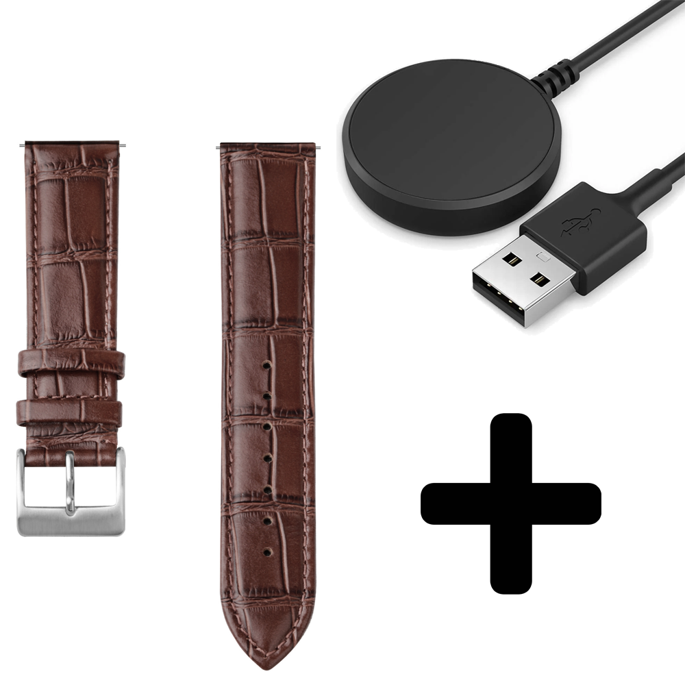 Strap-it Strap-it Bandje geschikt voor Samsung Galaxy Watch 5 (40mm / 44mm / Pro) bandje leather crocodile grain band (bruin) - Incl. Oplader geschikt voor Samsung Galaxy Watch 5 40 mm / 44 mm / Pro (oplaadkabel)
