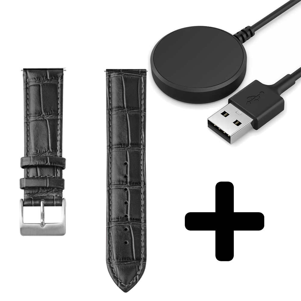 Strap-it Strap-it Bandje geschikt voor Samsung Galaxy Watch 5 (40mm / 44mm / Pro) bandje leather crocodile grain band (zwart)  - Incl. Oplader geschikt voor Samsung Galaxy Watch 5 40 mm / 44 mm / Pro (oplaadkabel)