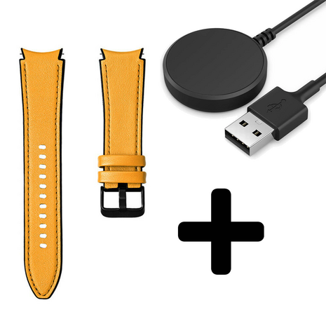 Strap-it Strap-it Bandje geschikt voor Samsung Galaxy Watch 5 (40mm / 44mm / Pro) bandje hybrid leren bandje (geel) - Incl. Oplader geschikt voor Samsung Galaxy Watch 5 40 mm / 44 mm / Pro (oplaadkabel)