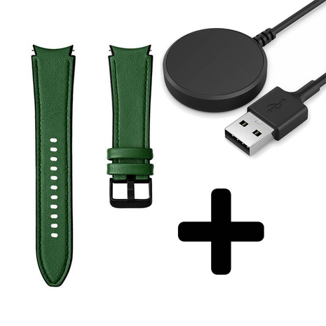 Strap-it Strap-it Bandje geschikt voor Samsung Galaxy Watch 5 (40mm / 44mm / Pro) bandje hybrid leren bandje (groen) - Incl. Oplader geschikt voor Samsung Galaxy Watch 5 40 mm / 44 mm / Pro (oplaadkabel)