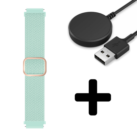 Strap-it Strap-it Bandje geschikt voor Samsung Galaxy Watch 5 (40mm / 44mm / Pro) verstelbaar geweven bandje (turquoise) - Incl. Oplader geschikt voor Samsung Galaxy Watch 5 40 mm / 44 mm / Pro (oplaadkabel)