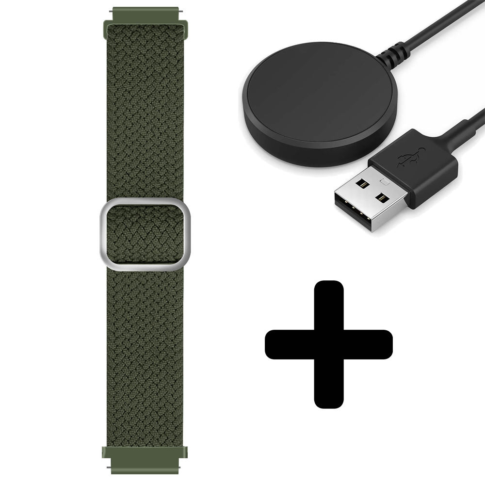 Strap-it Strap-it Bandje geschikt voor Samsung Galaxy Watch 5 (40mm / 44mm / Pro) verstelbaar geweven bandje (groen) - Incl. Oplader geschikt voor Samsung Galaxy Watch 5 40 mm / 44 mm / Pro (oplaadkabel)