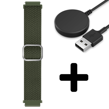 Strap-it Strap-it Bandje geschikt voor Samsung Galaxy Watch 5 (40mm / 44mm / Pro) verstelbaar geweven bandje (groen) - Incl. Oplader geschikt voor Samsung Galaxy Watch 5 40 mm / 44 mm / Pro (oplaadkabel)