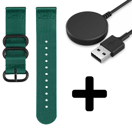 Strap-it Strap-it Bandje geschikt voor Samsung Galaxy Watch 5 (40mm / 44mm / Pro) nylon gesp band (donkergroen) - Incl. Oplader geschikt voor Samsung Galaxy Watch 5 40 mm / 44 mm / Pro (oplaadkabel)