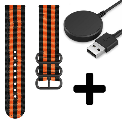 Strap-it Strap-it Bandje geschikt voor Samsung Galaxy Watch 5 (40mm / 44mm / Pro) bandje nylon gesp band (zwart/oranje)  - Incl. Oplader geschikt voor Samsung Galaxy Watch 5 40 mm / 44 mm / Pro (oplaadkabel)