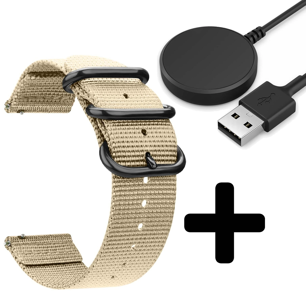 Strap-it Strap-it Bandje geschikt voor Samsung Galaxy Watch 5 (40mm / 44mm / Pro) bandje nylon gesp band (khaki)  - Incl. Oplader geschikt voor Samsung Galaxy Watch 5 40 mm / 44 mm / Pro (oplaadkabel)