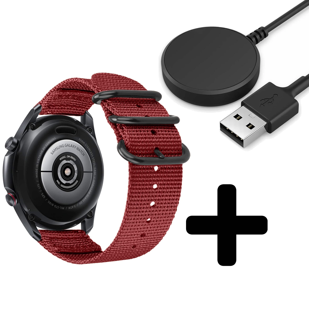 Strap-it Strap-it Bandje geschikt voor Samsung Galaxy Watch 5 (40mm / 44mm / Pro) bandje nylon gesp band (rood)  - Incl. Oplader geschikt voor Samsung Galaxy Watch 5 40 mm / 44 mm / Pro (oplaadkabel)