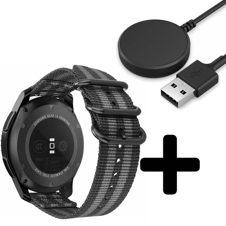 Strap-it Strap-it Bandje geschikt voor Samsung Galaxy Watch 5 (40mm / 44mm / Pro) bandje nylon gesp band (zwart/grijs) - Incl. Oplader geschikt voor Samsung Galaxy Watch 5 40 mm / 44 mm / Pro (oplaadkabel)