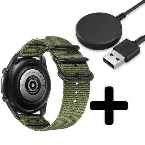 Strap-it Strap-it Bandje geschikt voor Samsung Galaxy Watch 5 (40mm / 44mm / Pro) bandje nylon gesp band (groen) - Incl. Oplader geschikt voor Samsung Galaxy Watch 5 40 mm / 44 mm / Pro (oplaadkabel)