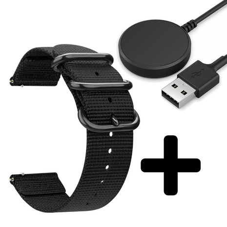 Strap-it Strap-it Bandje geschikt voor Samsung Galaxy Watch 5 (40mm / 44mm / Pro) bandje nylon gesp band (zwart)  - Incl. Oplader geschikt voor Samsung Galaxy Watch 5 40 mm / 44 mm / Pro (oplaadkabel)