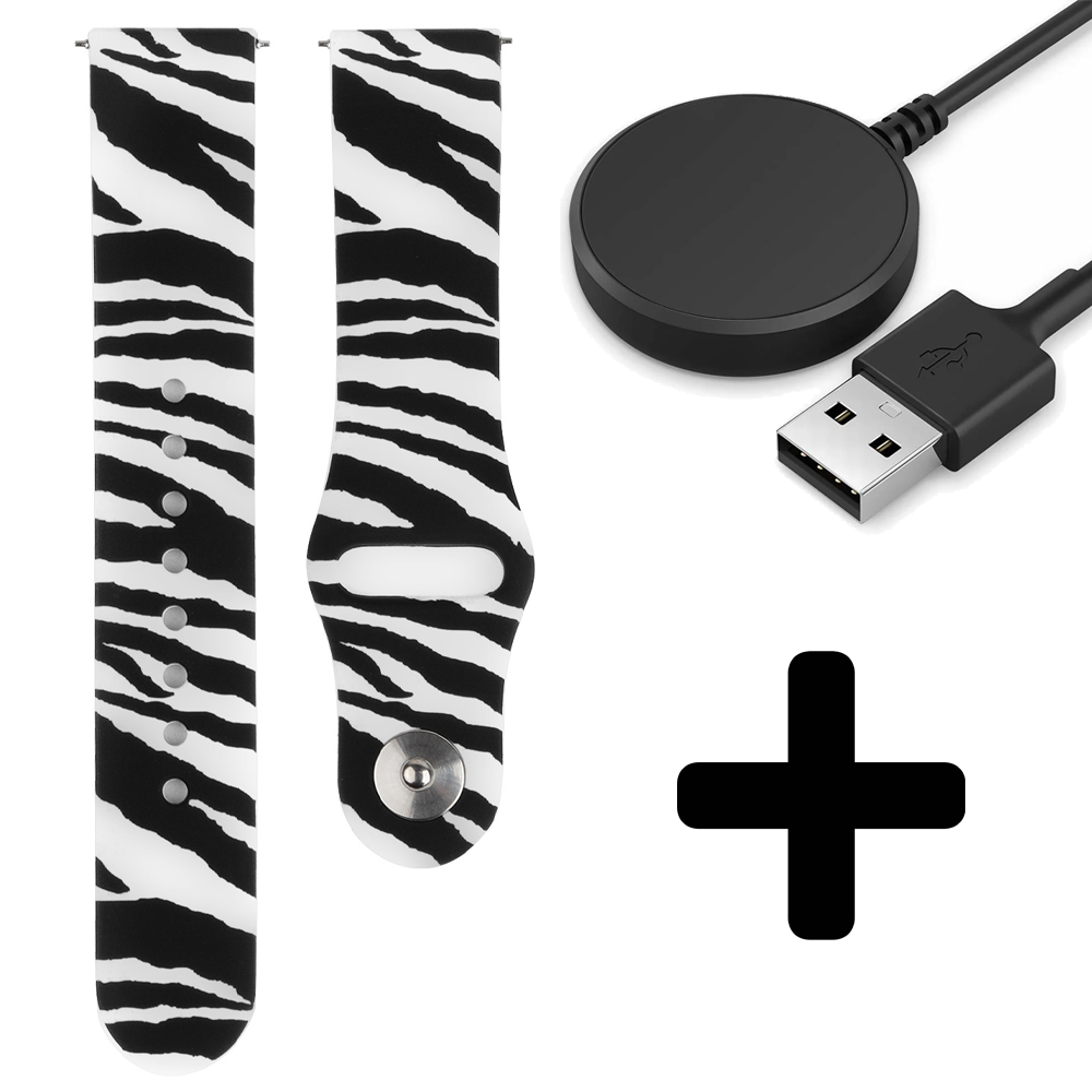 Strap-it Strap-it Wild Zebra Bandje geschikt voor Samsung Galaxy Watch 5 (40mm / 44mm / Pro) - Incl. Oplader geschikt voor Samsung Galaxy Watch 5 40 mm / 44 mm / Pro (oplaadkabel)