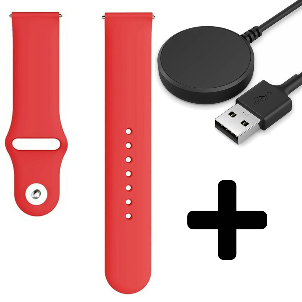 Strap-it Strap-it Bandje geschikt voor Samsung Galaxy Watch 5 (40mm / 44mm / Pro) sport bandje (rood) - Incl. Oplader geschikt voor Samsung Galaxy Watch 5 40 mm / 44 mm / Pro (oplaadkabel)