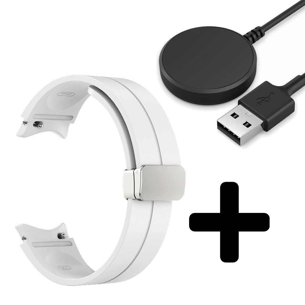 Strap-it Strap-it Bandje geschikt voor Samsung Galaxy Watch 5 (40mm / 44mm / Pro) Magnetische sport band - Siliconen bandje - (wit) - Incl. Oplader geschikt voor Samsung Galaxy Watch 5 40 mm / 44 mm / Pro (oplaadkabel)