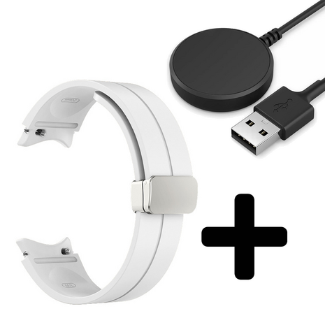 Strap-it Strap-it Bandje geschikt voor Samsung Galaxy Watch 5 (40mm / 44mm / Pro) Magnetische sport band - Siliconen bandje - (wit) - Incl. Oplader geschikt voor Samsung Galaxy Watch 5 40 mm / 44 mm / Pro (oplaadkabel)