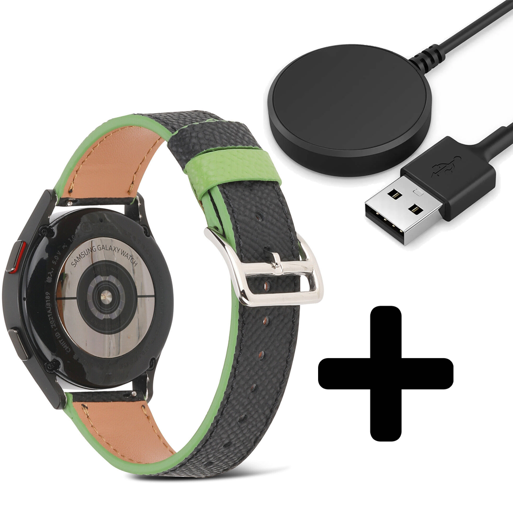 Strap-it Strap-it Bandje geschikt voor Samsung Galaxy Watch 5 (40mm / 44mm / Pro) leren bandje (zwart-groen) - Incl. Oplader geschikt voor Samsung Galaxy Watch 5 40 mm / 44 mm / Pro (oplaadkabel)